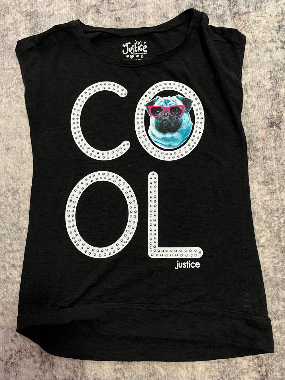 Justice Black Short Sleeve Tee with Studded "COOL" and Pug Graphic